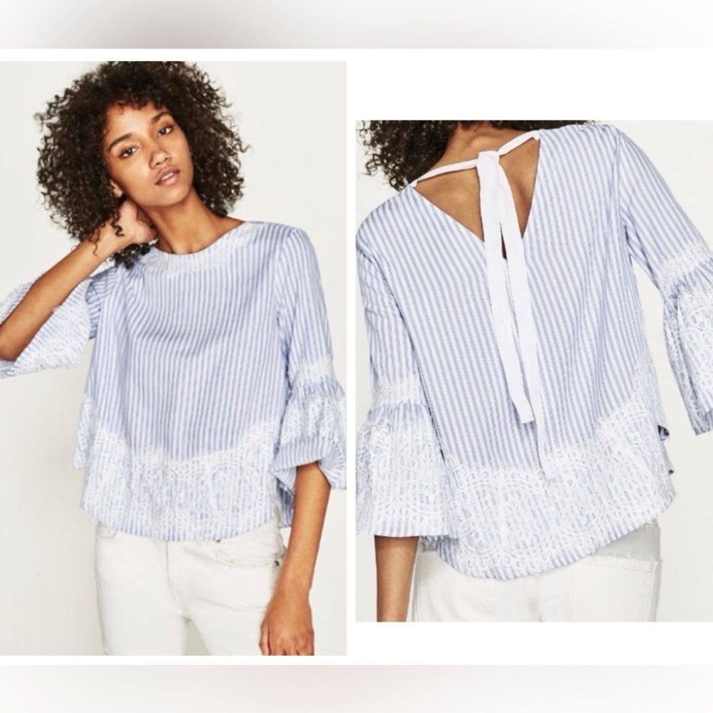 Zara Woman Blue White Striped Bell Sleeve Lace Trim Tie Back Top Size M